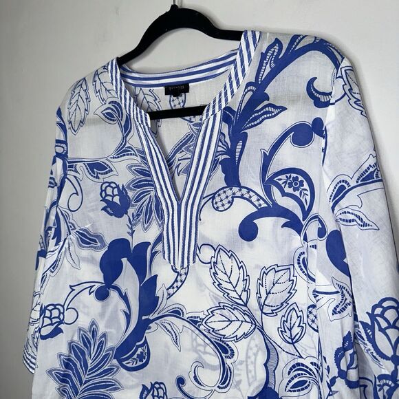 Talbots Women’s Jacobean Floral Print Tunic V Neck Blue Size LP - Picture 2 of 5